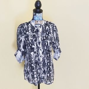 Calvin Klein Women's Black  White Geometric Blouse Button Roll Tab Sleeve Size S